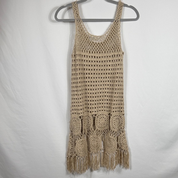 Venus Beige Crochet Fringe Tank Top Beach Swimsuit Coverup. Size M. Boho - Picture 5 of 5